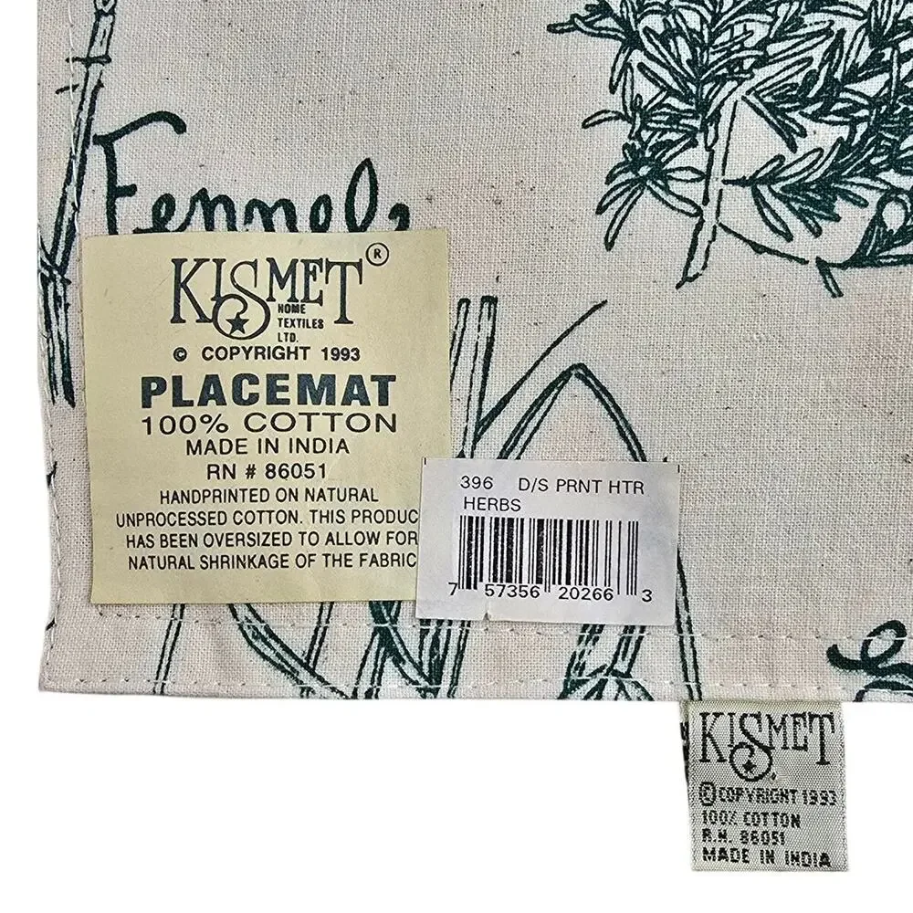 Vintage 1993 Kismet Cotton Placemats Set of 4 Botanical Herb Garden Cottagecore